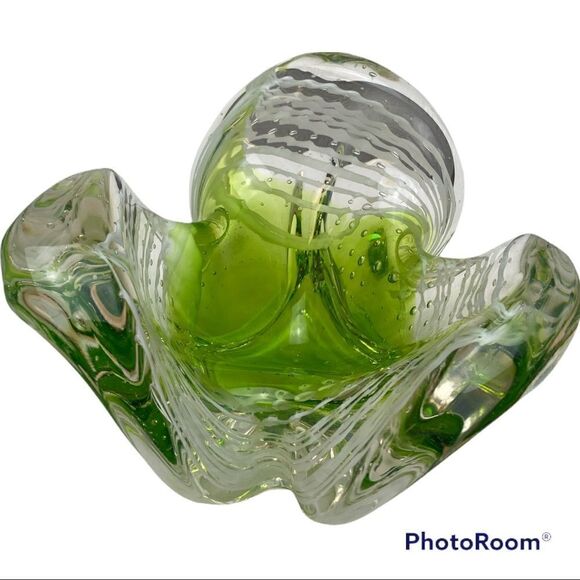 Murano Art Glass Bowl Catchall GREEN, WHITE & CLEAR Italy - Picture 1 of 11